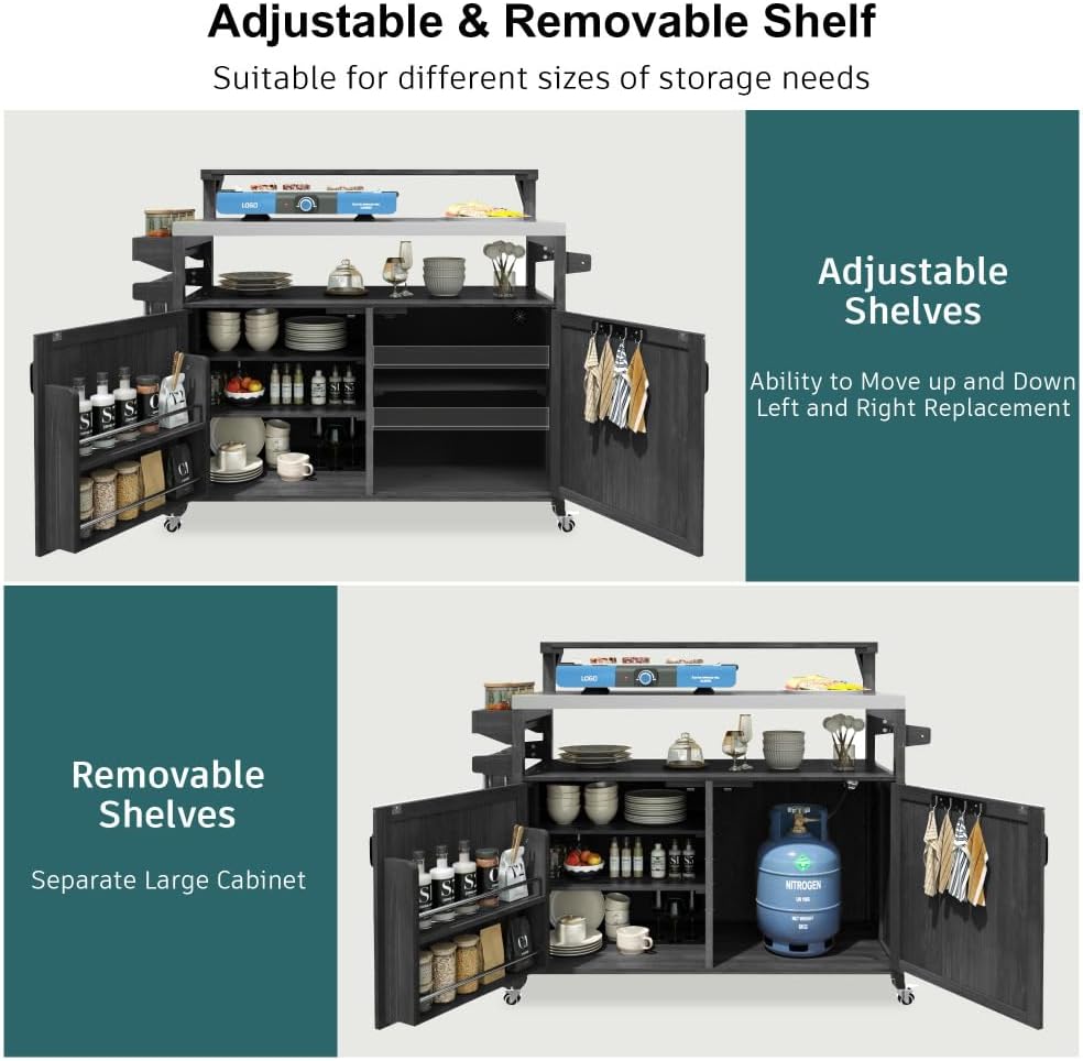 53.3' Outdoor Kitchen Island with Raised Shelf, Solid Wood Storage Cabinet with Stainless Steel Top, Outdoor Rolling Grill Cart with Internal Storage Rack, Adjustable Shelf, Spice Rack (Black)