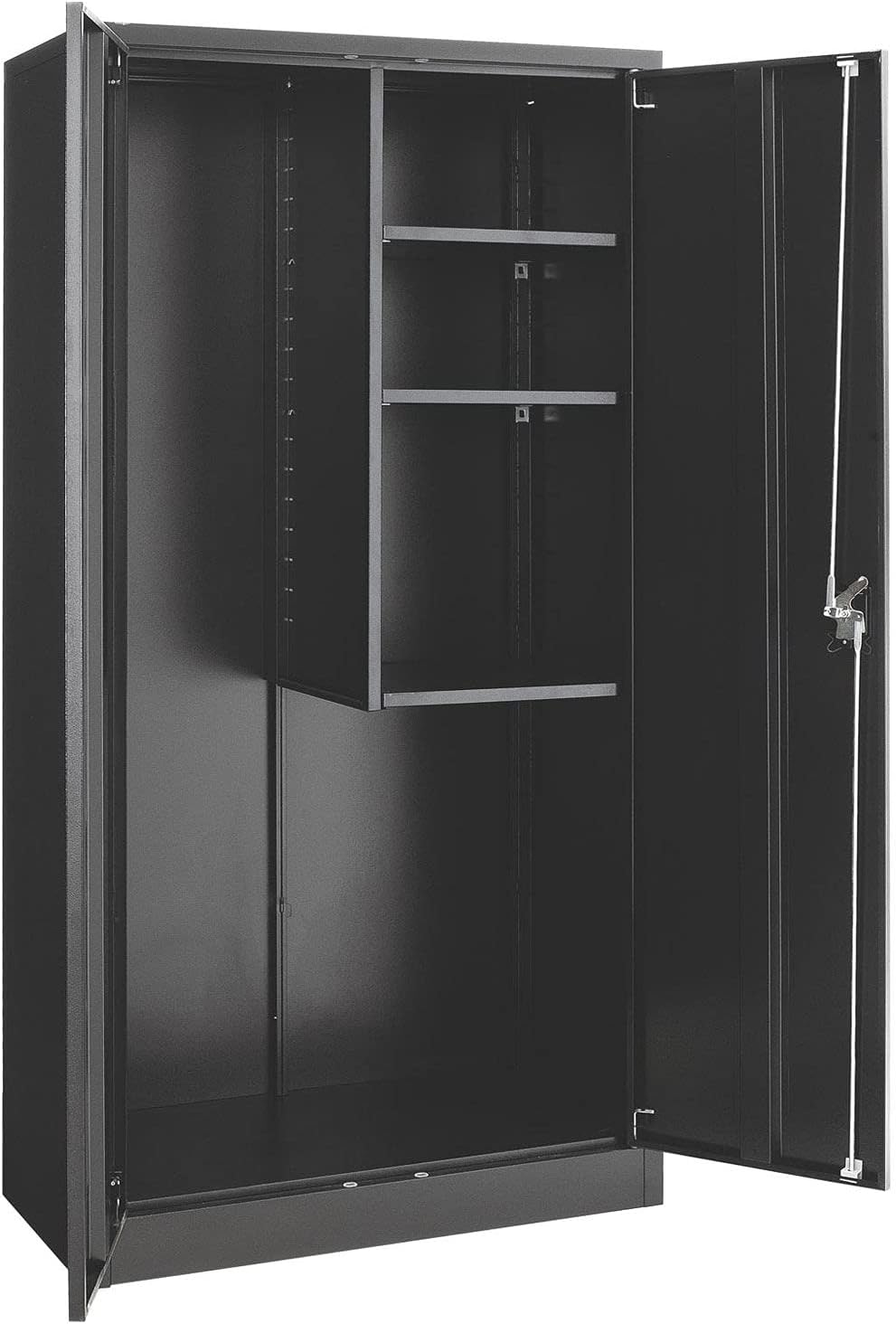 Global Industrial Janitorial Cabinet with Locking Recessed Handle, 4 Compartments, Steel Construction, 36' W x 18' D x 72' H, Black Powder Coat Finish, Assembly Required