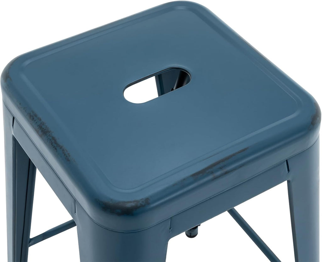 Vogue Furniture Direct 24 Inch Metal Bar Stools, Backless Counter Height Barstools, Indoor Outdoor Stackable Stools with Square Seat, Set of 4 (Distressed Deep Blue)