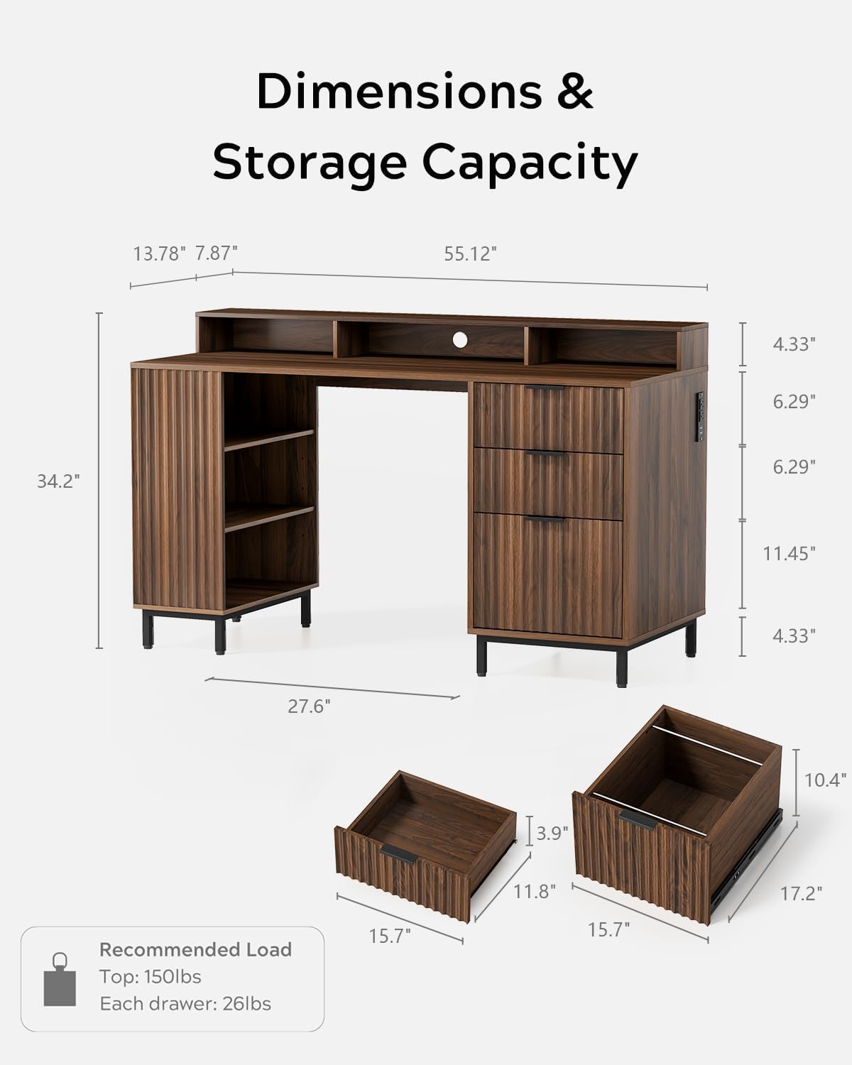 EYYTHUNG Brown Fluted Executive Desk with Storage Shelf & File Drawer, 55' Modern Wood Office Desk with Monitor Stand & Charging Station, Home Writing Computer Table for Work Study