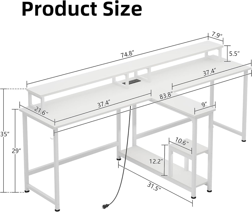 MUTUN 83.7' Two Person Gaming Desk, Long Computer Office Desk with Charging Station and LED Lights, Double Desks with Monitor Stand and Shelves, Study Writing Table Workstation for Home Office, White
