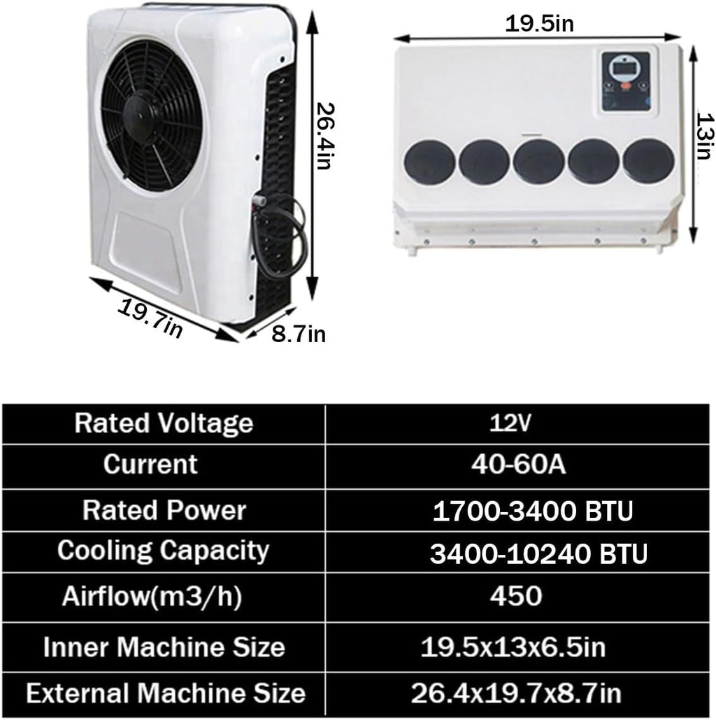 12V Electric Split Air Conditioners For Trucks, Construction Vehicles, Excavators, Harvesters, DC Parking RV Rooftop Air Conditioner Easy To Install(White)
