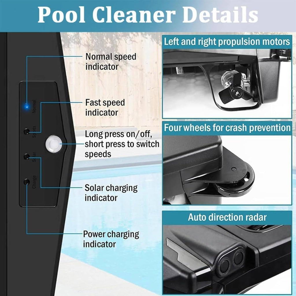 Solar Pool Surfaces Cleaner, Solar Robotic Pool Skimmer Cleaner, Cordless Robotic Pool Cleaner, Navigation Sensor, Daytime & Overnight Continuous Cleaning, Dual Charging Modes Cleaning