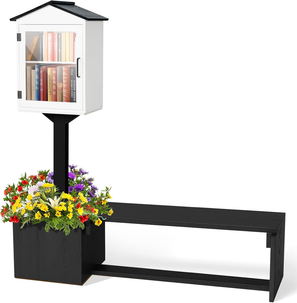 Wonderjune Little Library Box Outdoor with Bench & Planter DIY Paintable Lending Free Library Solid Pine Wood Neighborhood Share Box Ground Mount Kit for Yard Garden Community School(Black and White)