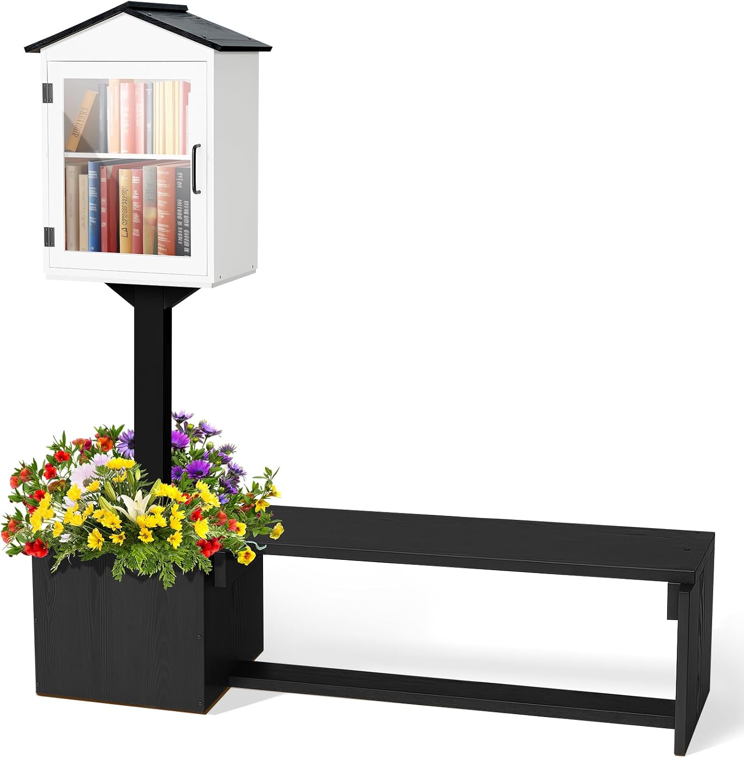 Wonderjune Little Library Box Outdoor with Bench & Planter DIY Paintable Lending Free Library Solid Pine Wood Neighborhood Share Box Ground Mount Kit for Yard Garden Community School(Black and White)