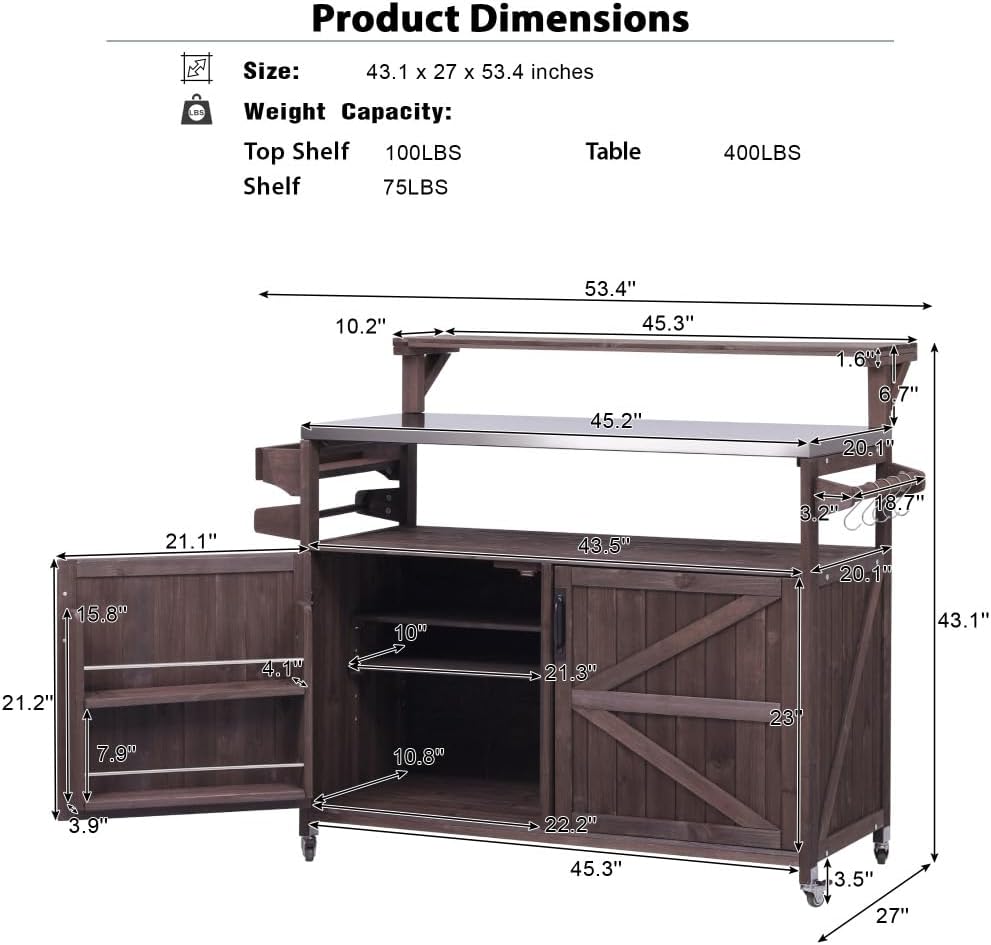 53.3' Outdoor Kitchen Island with Raised Shelf, Solid Wood Storage Cabinet with Stainless Steel Top, Outdoor Rolling Grill Cart with Internal Storage Rack, Adjustable Shelf, Spice Rack (Brown)