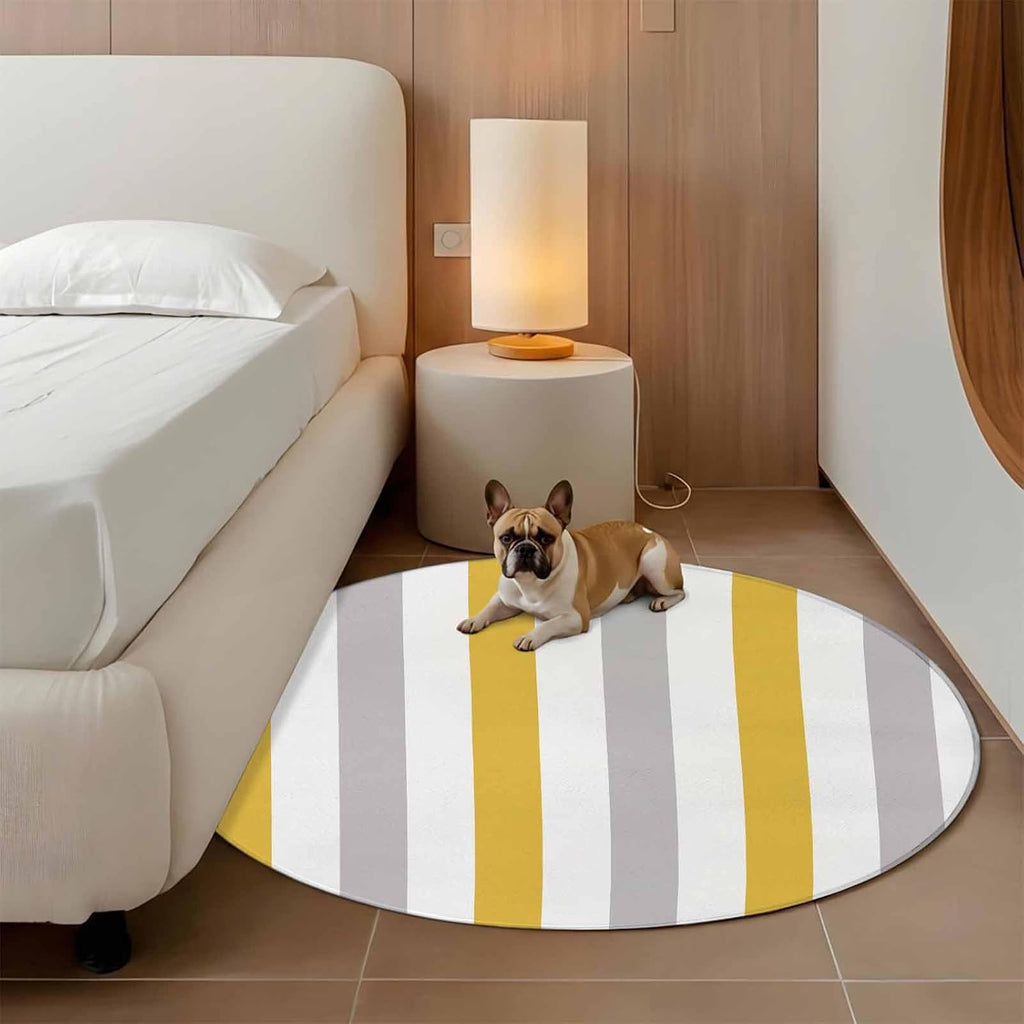 Large Round Rug 7Ft, Orange Grey Striped Living Room Circle Rug Washable Round Area Rug, Geometric Vertical Stripes White Non Slip Indoor Carpet for Entryway Dining Room Bedroom Aesthetic Decor