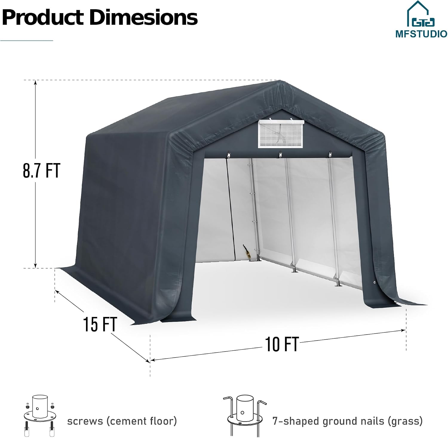 MFSTUDIO 10x15 Portable Carport, Garage Outdoor Portable Storage Shelter Carports with Rolled up Zipper Doors, Garages Sheds Tent for Vehicles, Motorcycle and Outdoor Tools