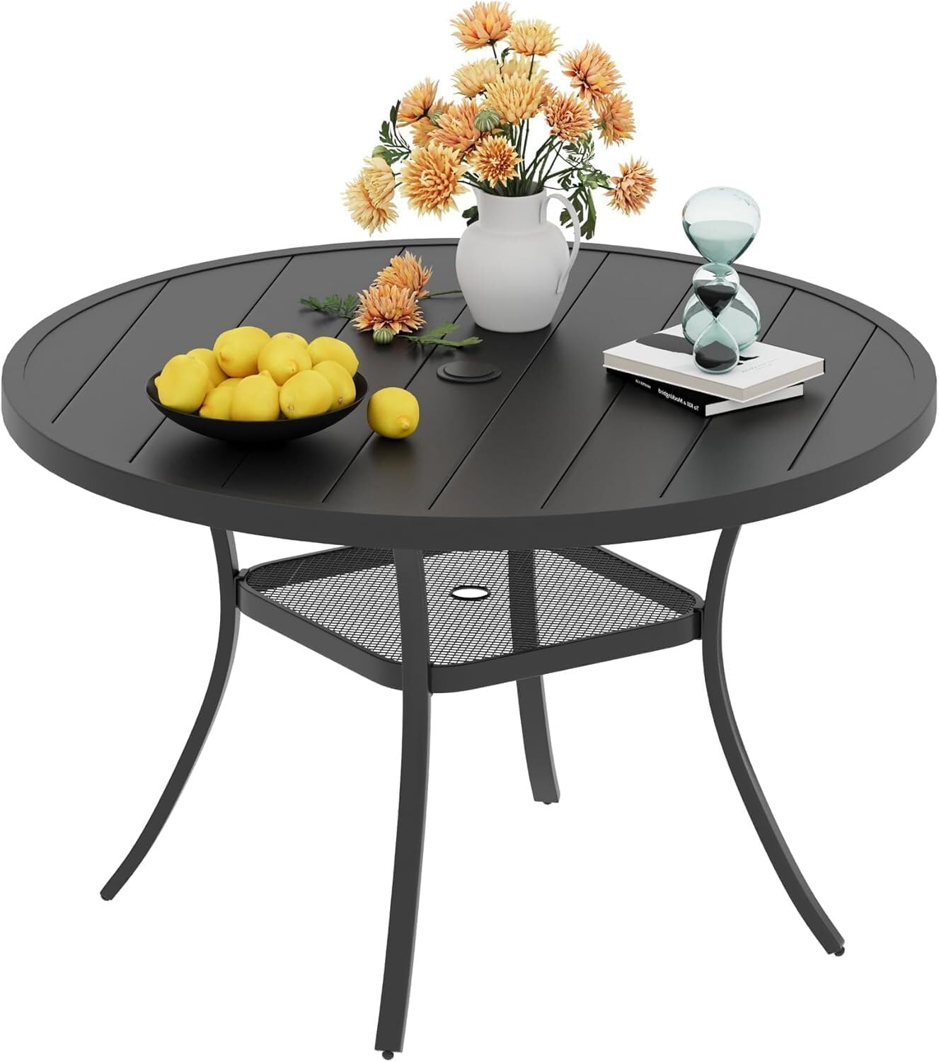 VICLLAX Round Patio Dining Table for 4-6, Outdoor Metal Dining Table with Umbrella Hole for Deck Lawn Garden Backyard, 47.2' Black