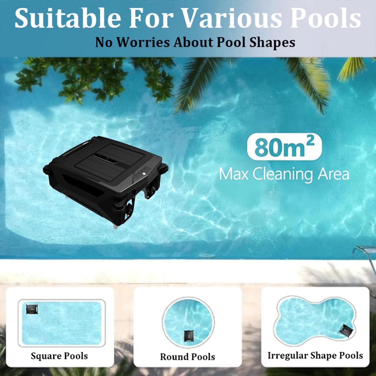 Automatic Cordless Robot Solar Powered Pool Skimmer Cleaner for All Swimming Pool Sur-face, Dual Charging Options, 2 Speed Modes, Smart Obstacle Avoidance