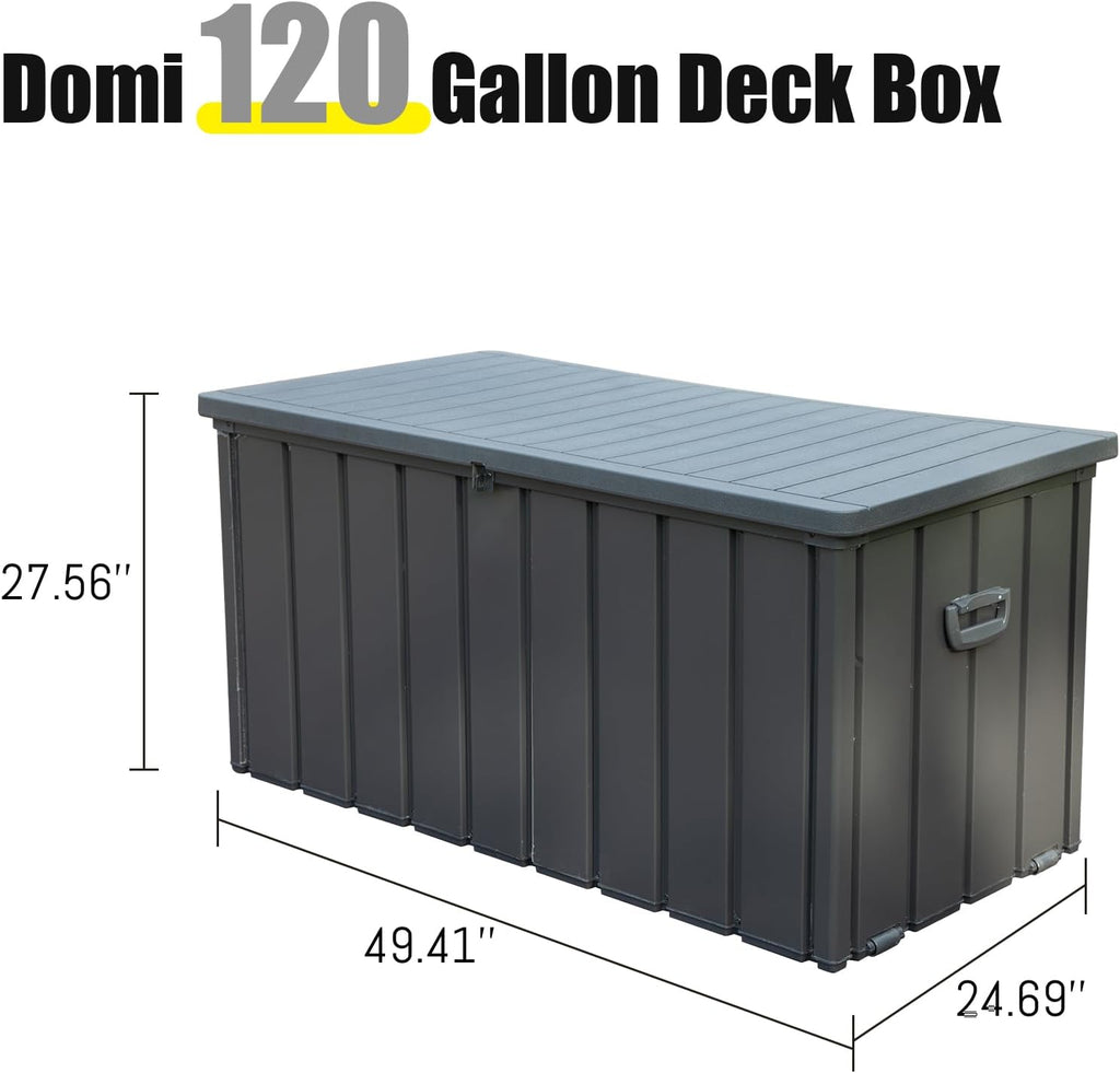 Domi Deck Box Outdoor Storage Box 120 Gallon, Large Metal Storage Cabinet with Resin Lid, Waterproof Lockable Patio Storage Box for Cushions Garden Tools Pool-Supplies, Dark Grey