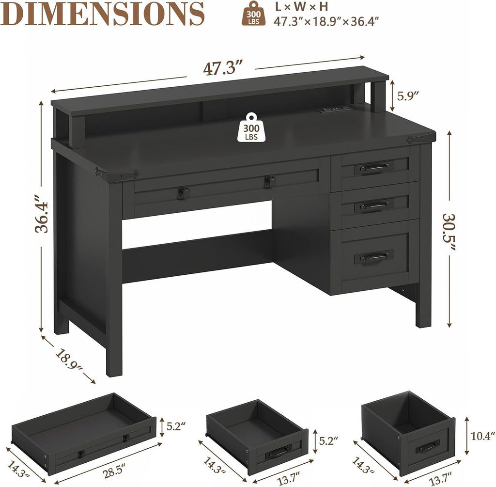 YOMILUVE Farmhouse Computer Desk with Drawers, 47' Small Computer Desk with Power Outlets, Home Office Desk with Monitor Stand & 4 Drawers, Writing Study Table, Black