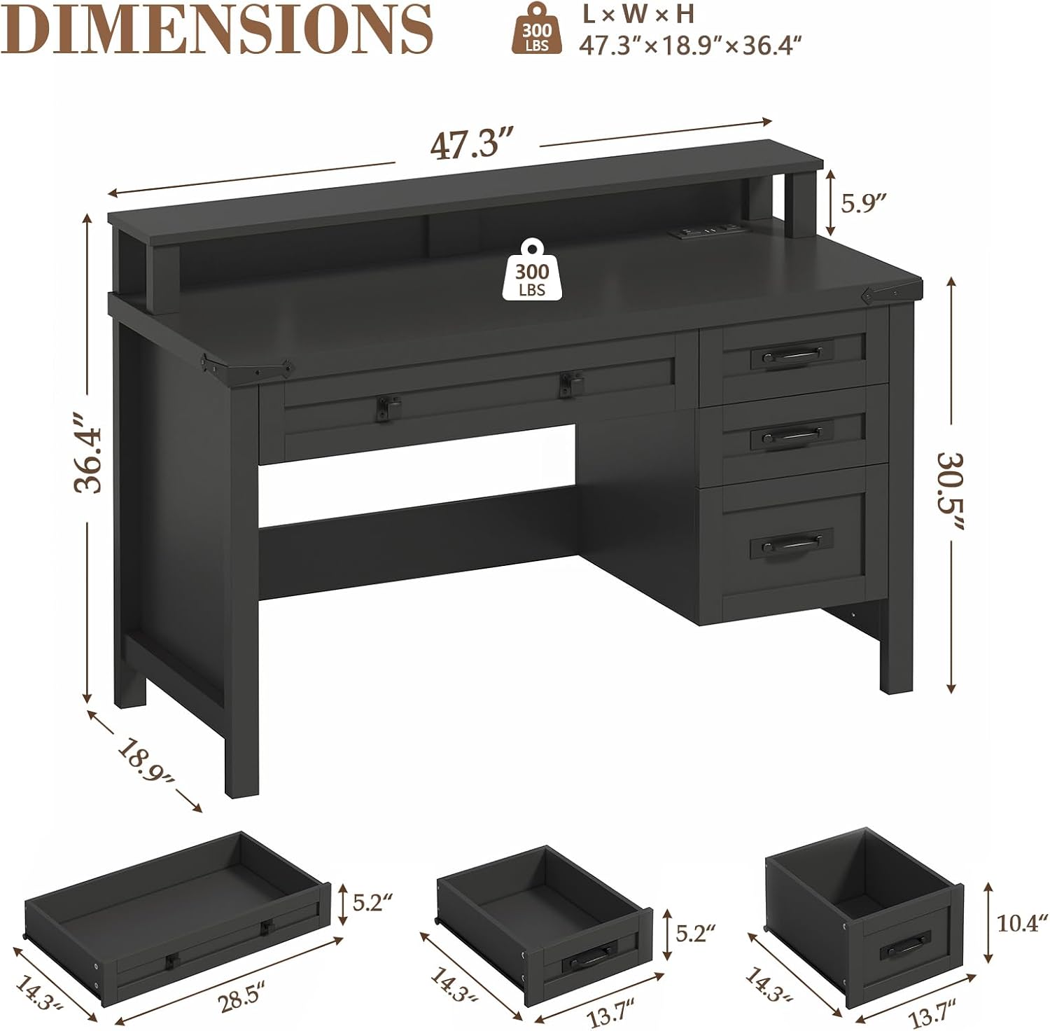 YOMILUVE Farmhouse Computer Desk with Drawers, 47' Small Computer Desk with Power Outlets, Home Office Desk with Monitor Stand & 4 Drawers, Writing Study Table, Black