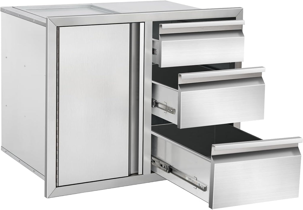 Outdoor Kitchen Drawer Combo Cabinet, Stainless Steel Triple Drawers with Integrated Access Door, 28' W x 22' H x 19.5' D Outdoor Built-in Cabinet for BBQ Island Grill Stations