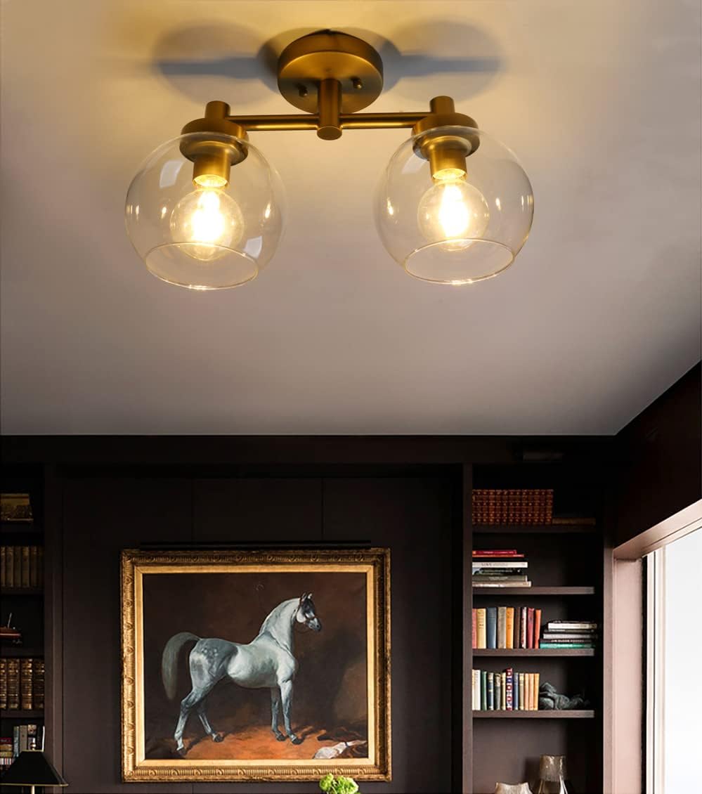 Pathson Glass Ceiling Light Fixtures, 2 Lights Globe Round Ceiling Lighting Lamp, Semi-Flush Mounted Ceiling Lights for Living Room Bathroom Hallway Loft Kitchen