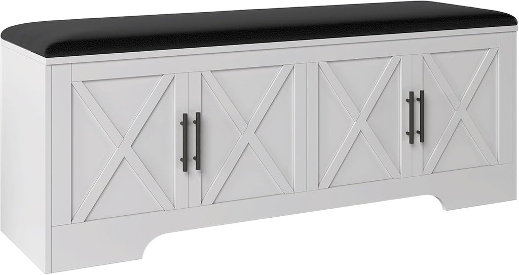 DreamDashio Farmhouse Storage Bench with Lift Top Storage, 47.2' Entryway Bench with Cushioned Seat, End of Bed Bench, Wooden Storage Chest Trunks, for Entryway, Bedroom, Living Room,White