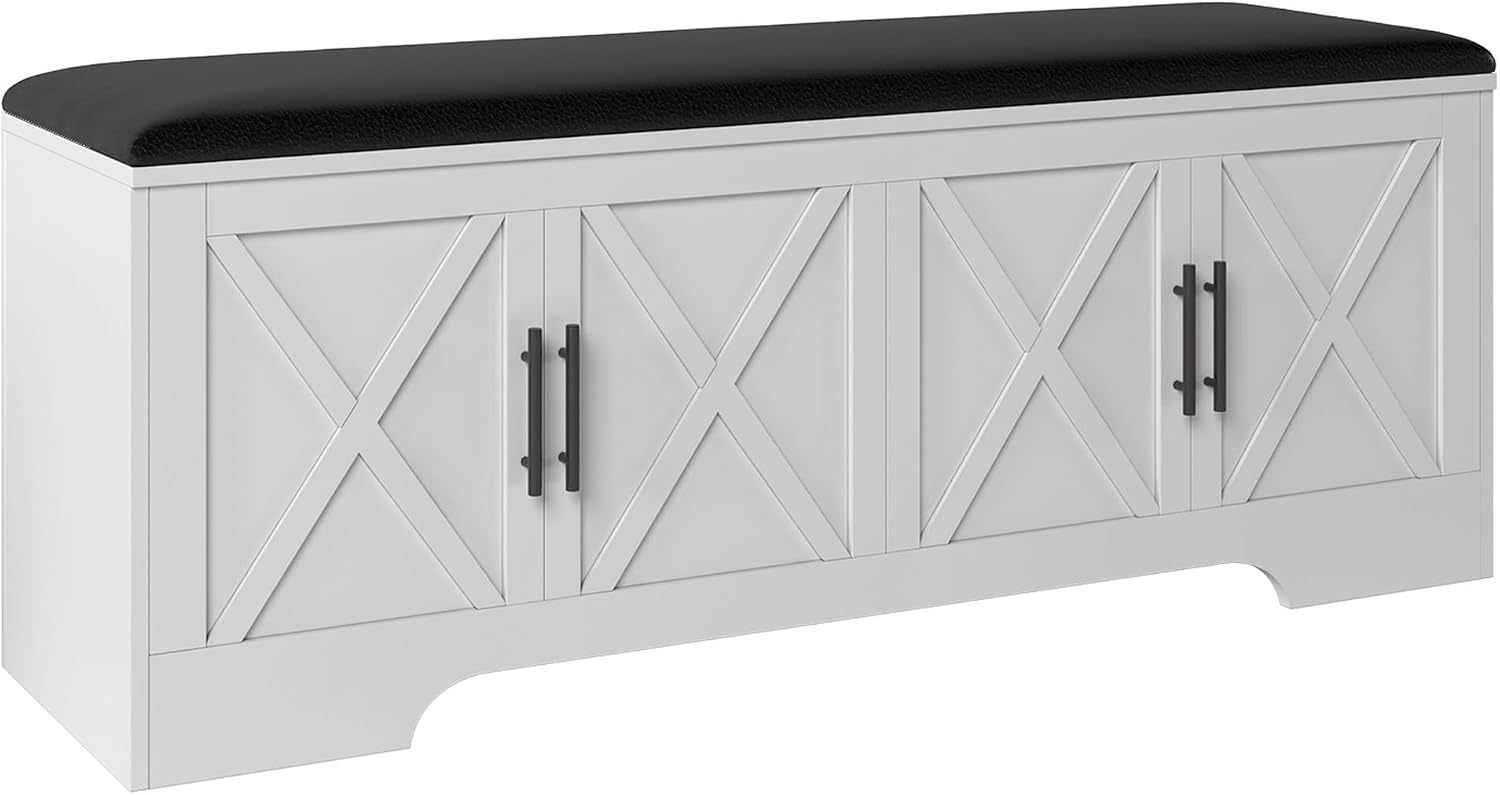 DreamDashio Farmhouse Storage Bench with Lift Top Storage, 47.2' Entryway Bench with Cushioned Seat, End of Bed Bench, Wooden Storage Chest Trunks, for Entryway, Bedroom, Living Room,White