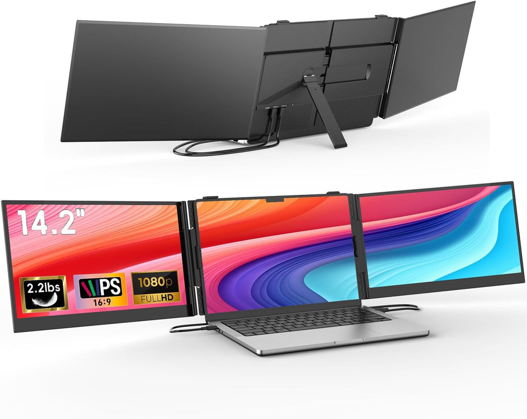 14.2' Triple Laptop Screen Extender, Ultra-Thin FHD 1080P IPS Portable Monitor for Laptop, Aluminum Alloy Tri-Screen Travel Monitor, Plug & Play for Windows/Mac/Chrome, Fits 13'-17.3' Laptops