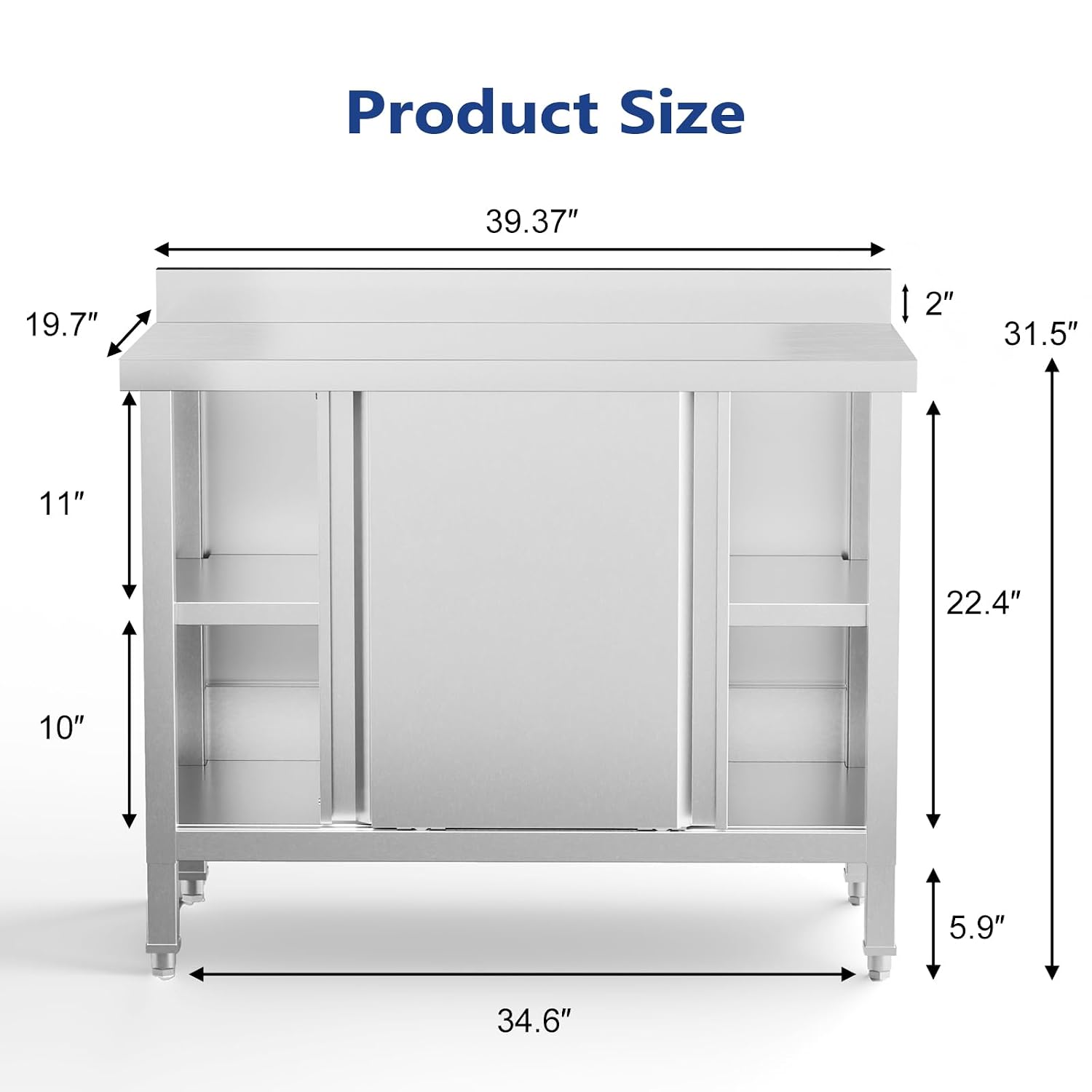 ROVSUN Commercial Heavy Duty Stainless Steel Prep Work Table with Backsplash & 2 Sliding Doors, Large Space Storage Cabinet, 39' x 19' Metal Table for Kitchen, Restaurant