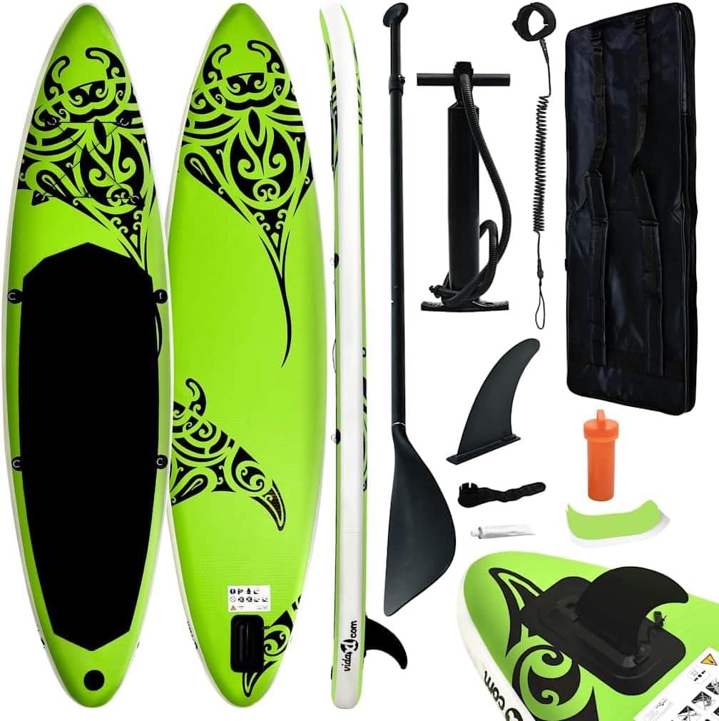 vidaXL Inflatable Paddleboard Set - 144.1'x29.9'x5.9' Stand Up Paddle Board in Green - Kayak & Paddleboard, Optimum Curve Design for Stability, Puncture-Proof and UV-Resistant Material, Includes H...