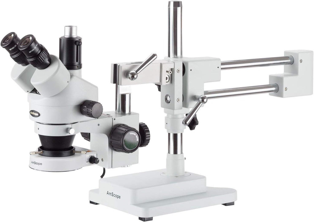 AmScope SM-4TZ-80S Professional Trinocular Stereo Zoom Microscope, WH10x Eyepieces, 3.5X-90X Magnification, 0.7X-4.5X Zoom Objective, 80-Bulb LED Ring Light, Double-Arm Boom Stand, Includes 0.5X and 2.0X Barlow Lens