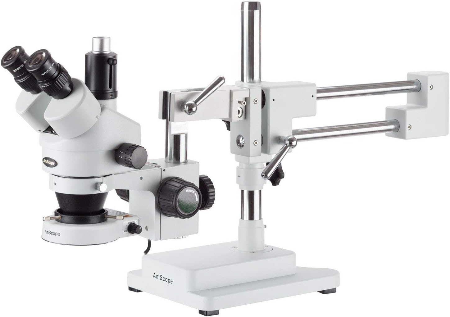 AmScope SM-4TZ-80S Professional Trinocular Stereo Zoom Microscope, WH10x Eyepieces, 3.5X-90X Magnification, 0.7X-4.5X Zoom Objective, 80-Bulb LED Ring Light, Double-Arm Boom Stand, Includes 0.5X and 2.0X Barlow Lens