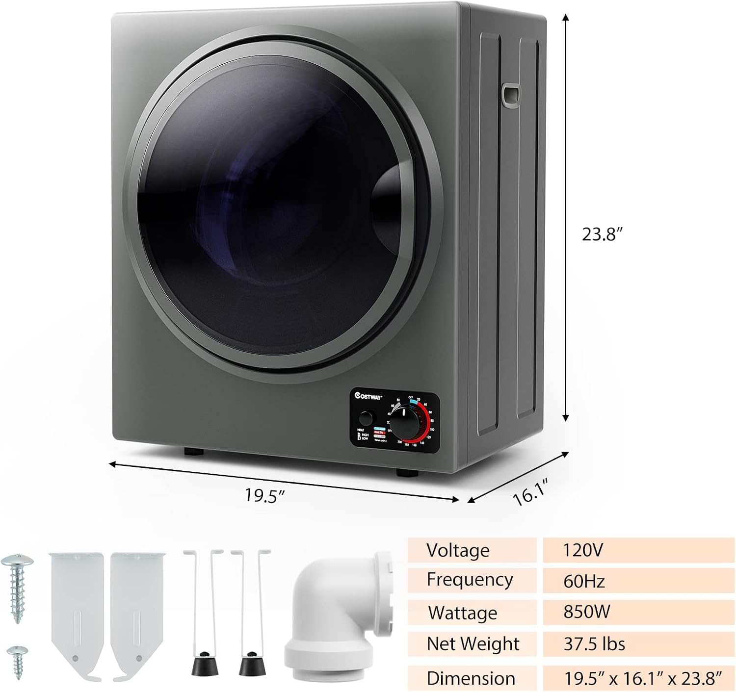 COSTWAY Compact Laundry Dryer, 110V Electric Portable Clothes Dryer with Stainless Steel Tub, Control Panel Downside Easy Control for 4 Automatic Drying Mode (Stainless Steel-Grey)