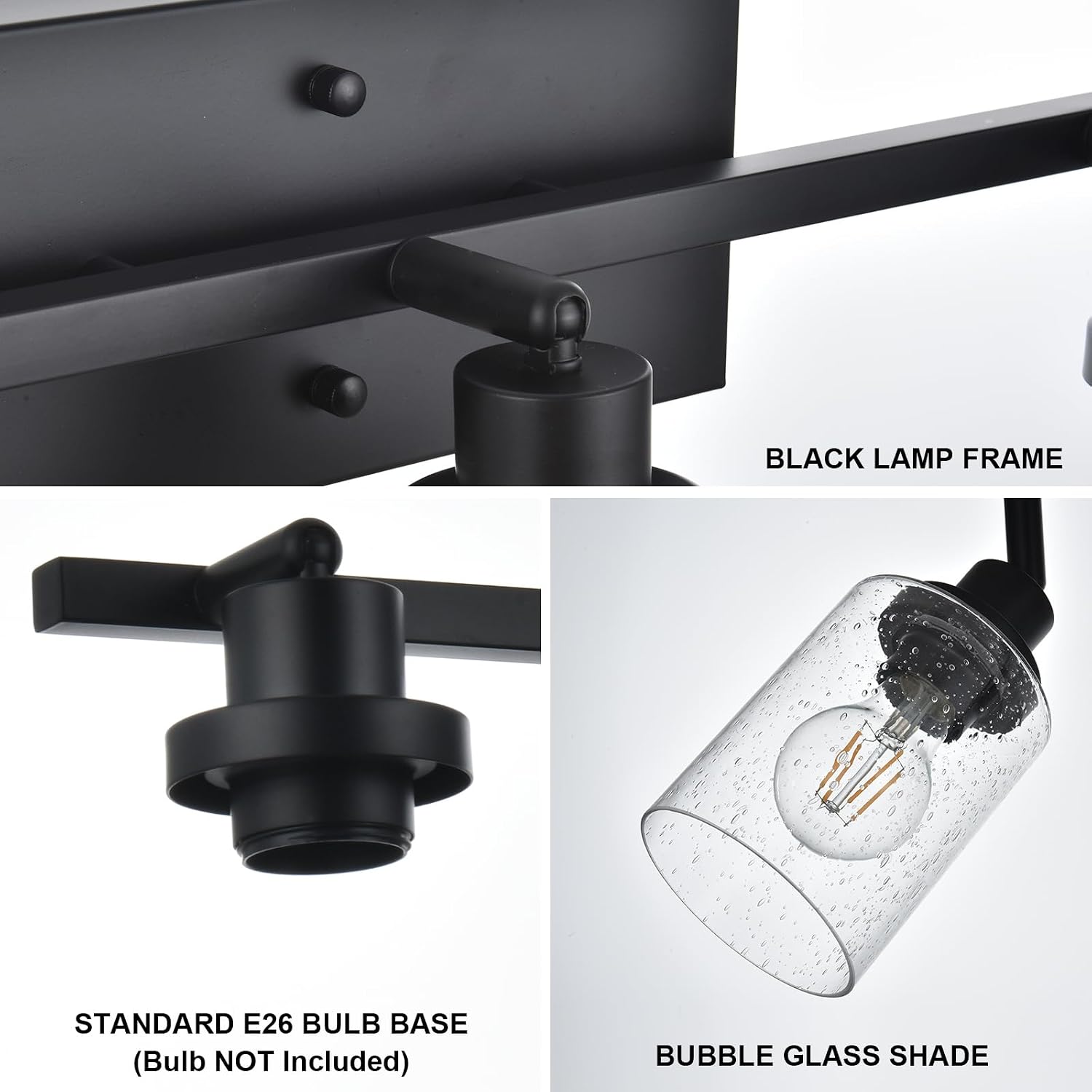 4-Light Black Track Lighting Kit Ceiling Mount Kitchen Track Lighting Fixtures, Bathroom Ceiling Tracking Vanity Light with Bubble Seeded Glass Shade & Rotatable Tracking Heads for Accent Shop