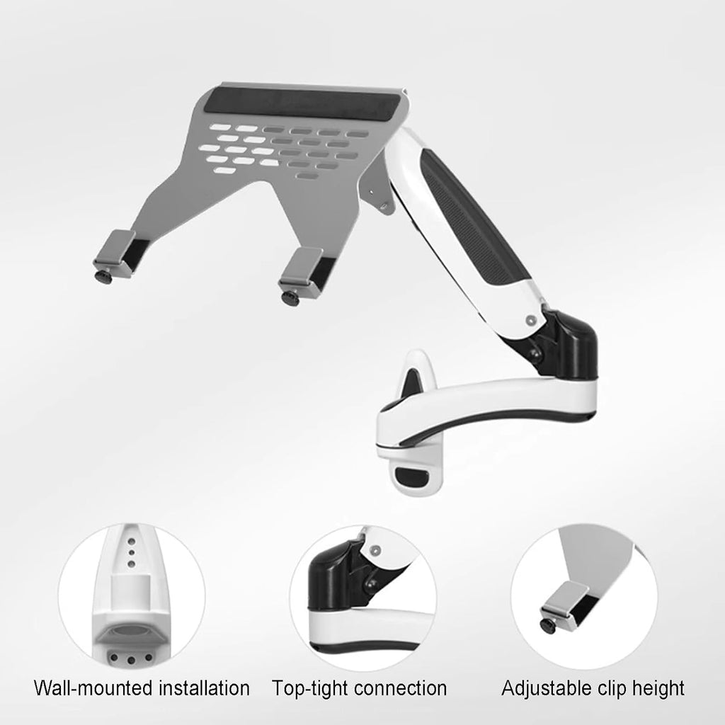 Laptop Wall Mount, Adjustable Laptop Holder, Vented Cooling Platform, with Pneumatic Extended Arm - Height Adjustable, Holds Up to 7KG, Fits 10 to 17 Inch Screen, White