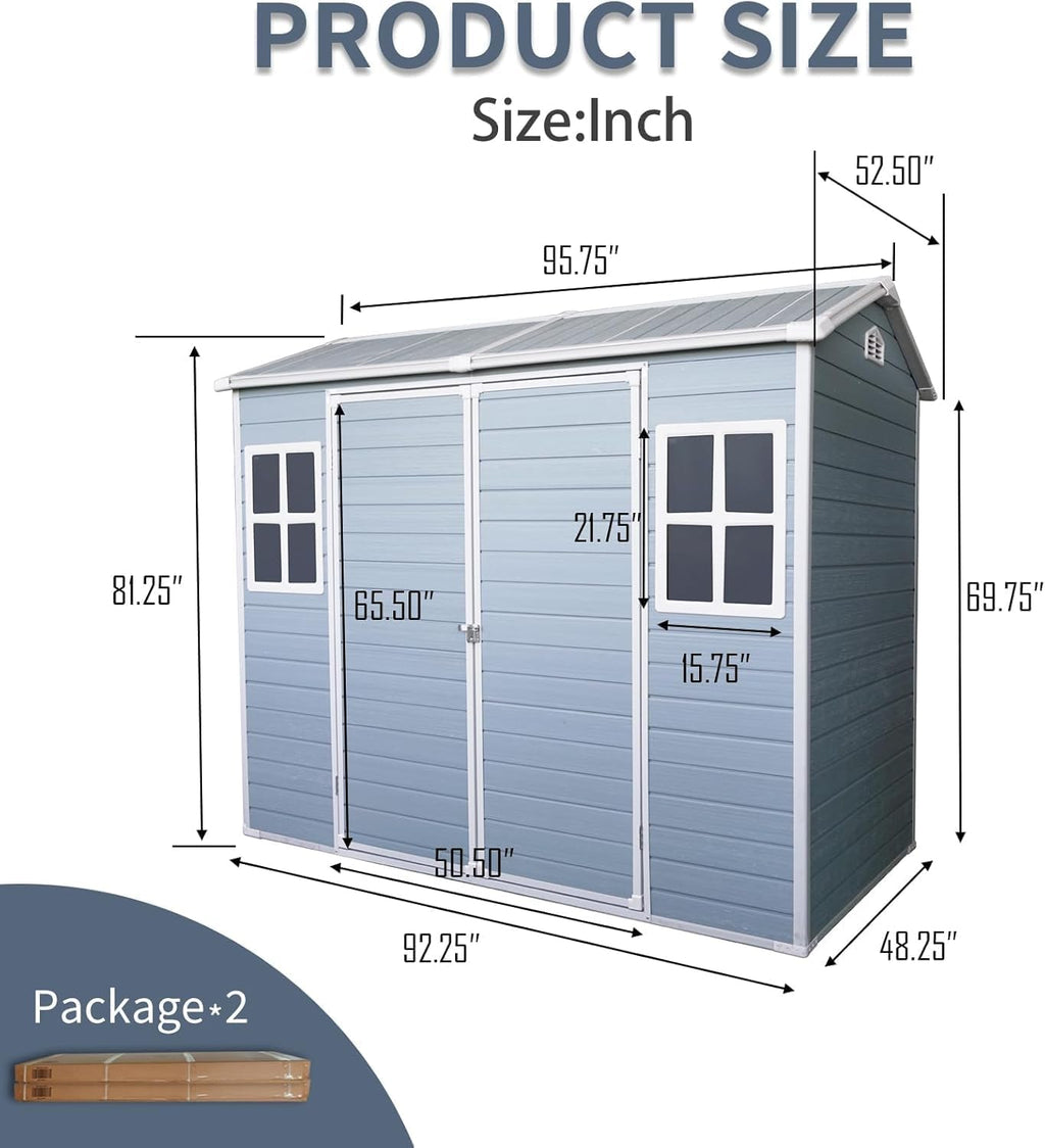 Resin Shed with Floor, Storage Shed with Floor, 8x4FT Outdoor Shed with 2 Windows and Lockable Door Sheds for Garden Tools, Bike