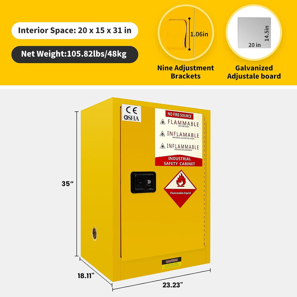 34 Gallon Flammable Cabinet, Hazardous Storage cabinets, Galvanized Steel Safety Storage Cabinet, Adjustable Shelf Fireproof Cabinet, for Commercial Industrial and Home Use 35H x 23W x 18.2D