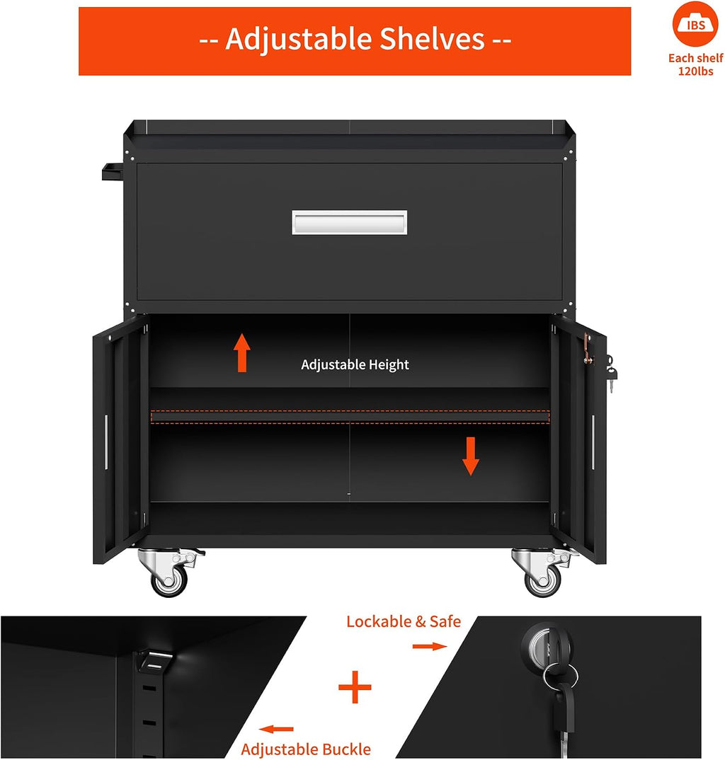 Baborokic Black Metal Garage Storage Cabinet With Wheels, Lockable Tool Cabinet With Shelves, Rolling Metal Cabinet for Warehouse, Home