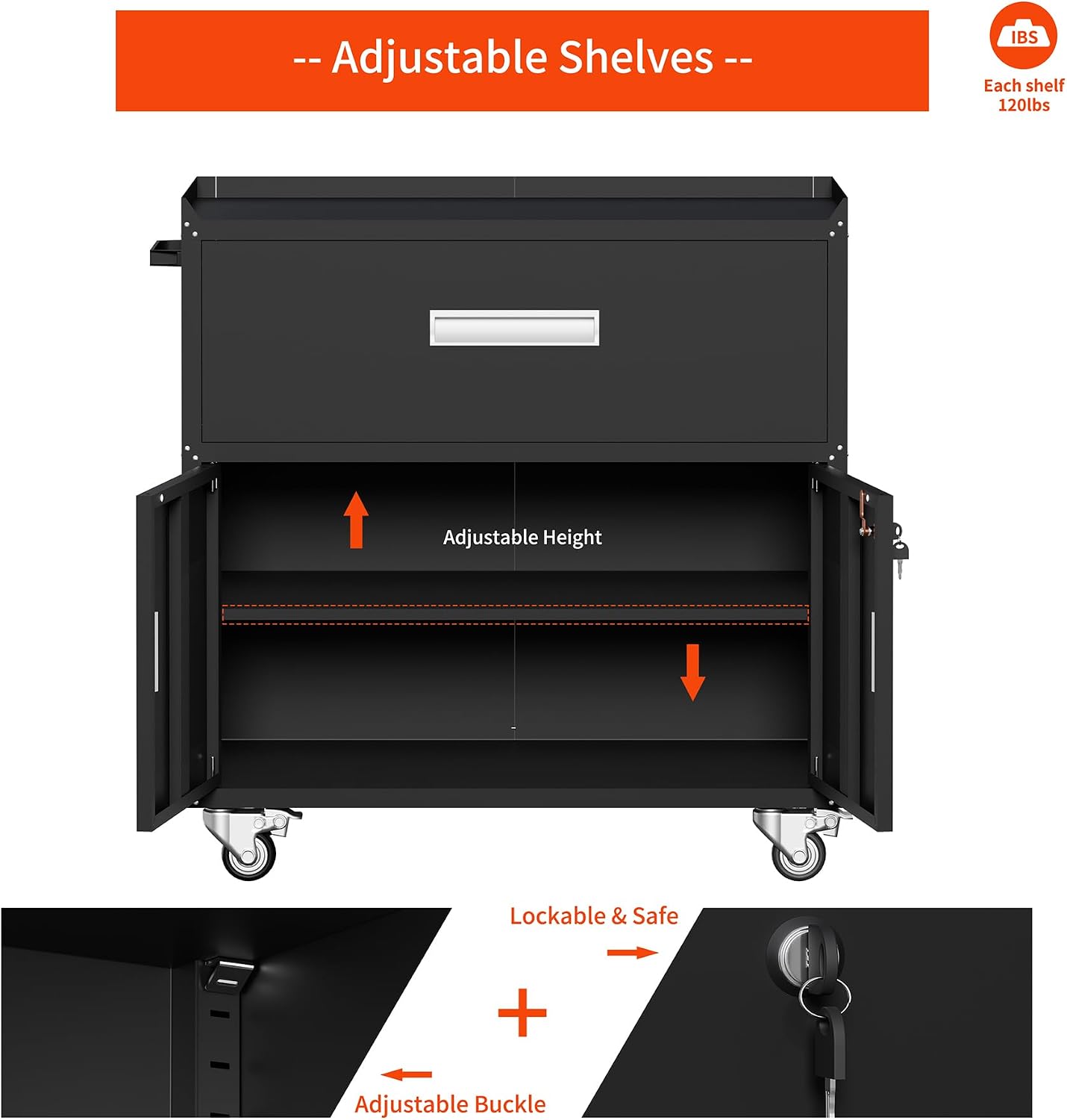 Baborokic Black Metal Garage Storage Cabinet With Wheels, Lockable Tool Cabinet With Shelves, Rolling Metal Cabinet for Warehouse, Home