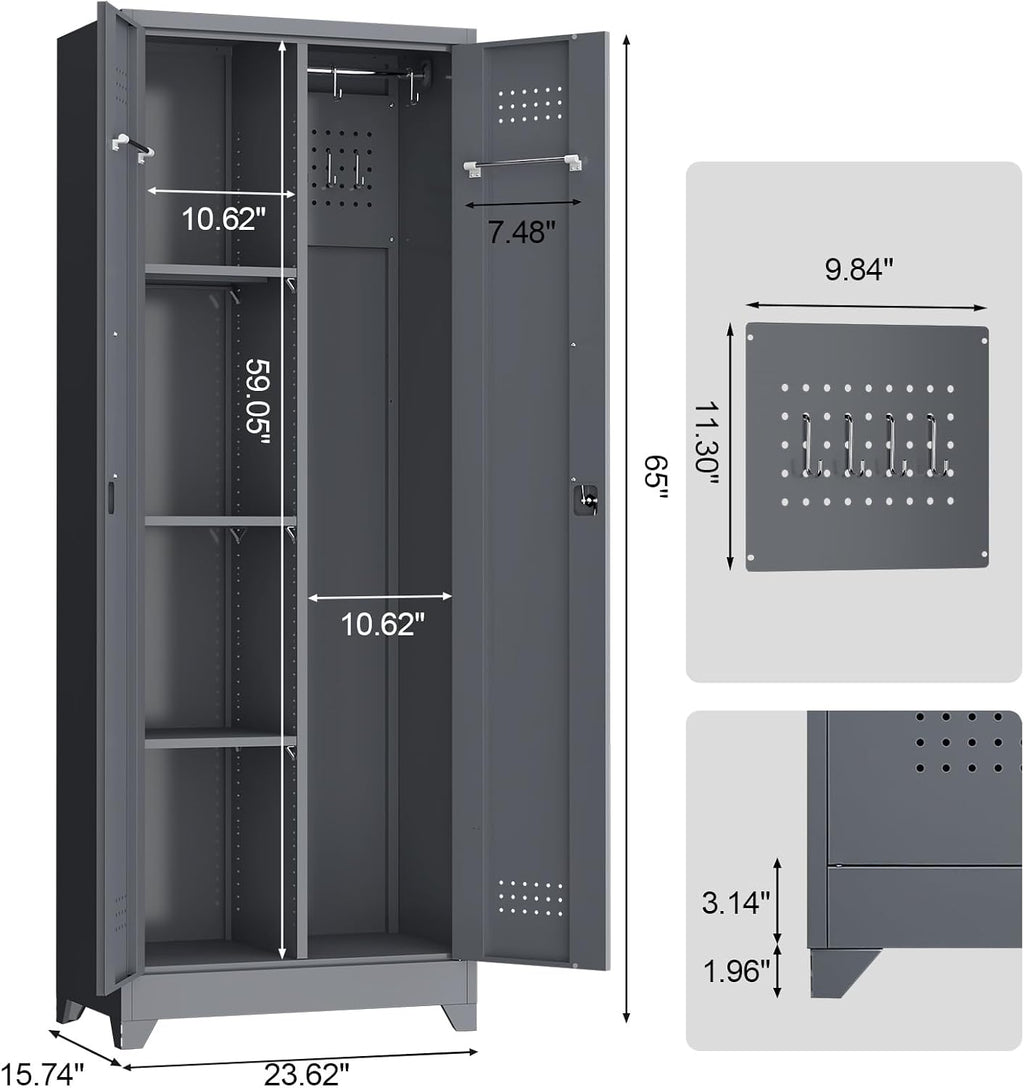 LUCYPAL 65' H Metal Garage Storage Cabinet with Shelves and Lock,Broom Closet Storage Cabinet with Hanging Rods for Mops,Garage Tool Cabinets for Utility Room,Laundry Room,Grey