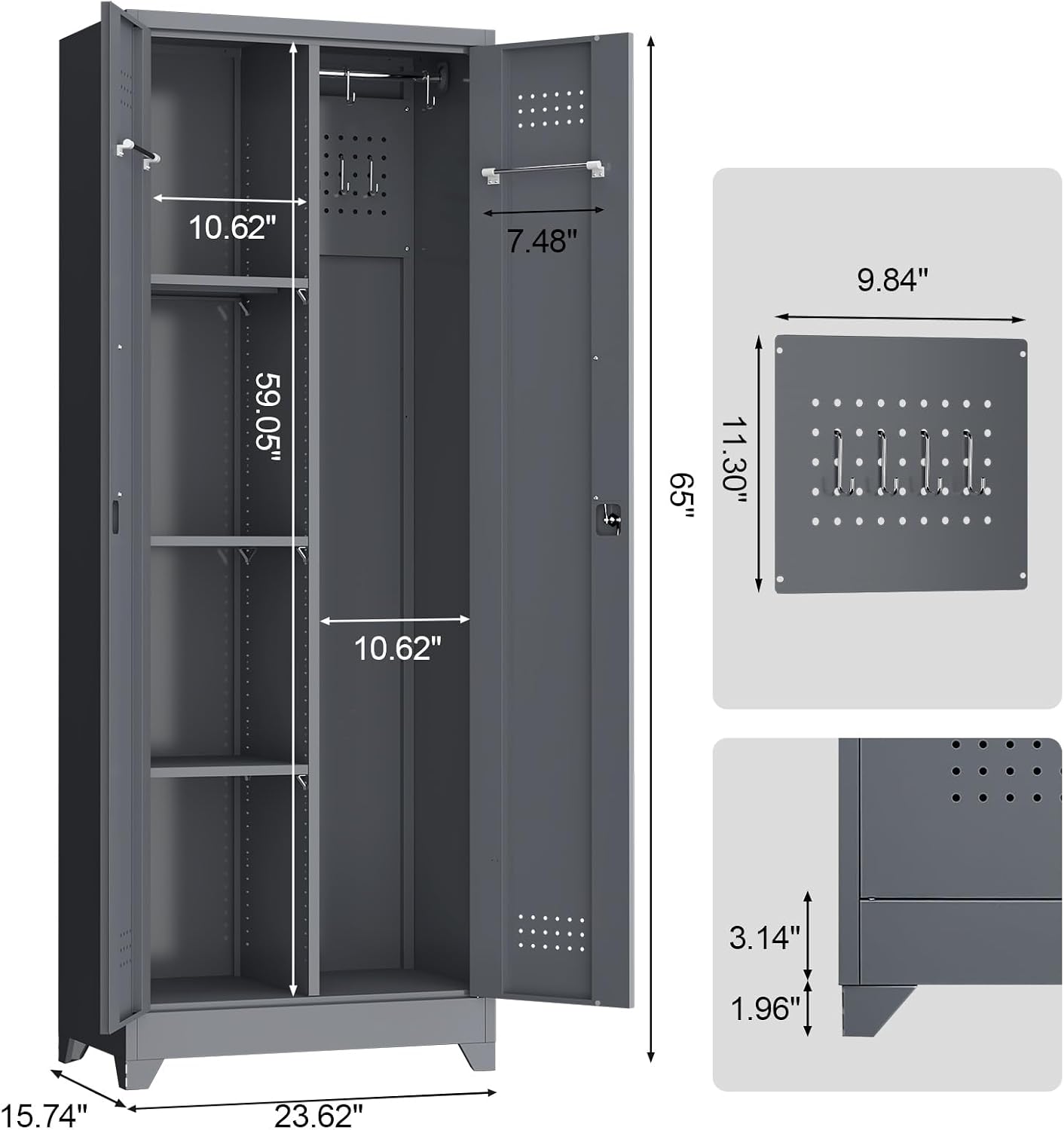 LUCYPAL 65' H Metal Garage Storage Cabinet with Shelves and Lock,Broom Closet Storage Cabinet with Hanging Rods for Mops,Garage Tool Cabinets for Utility Room,Laundry Room,Grey