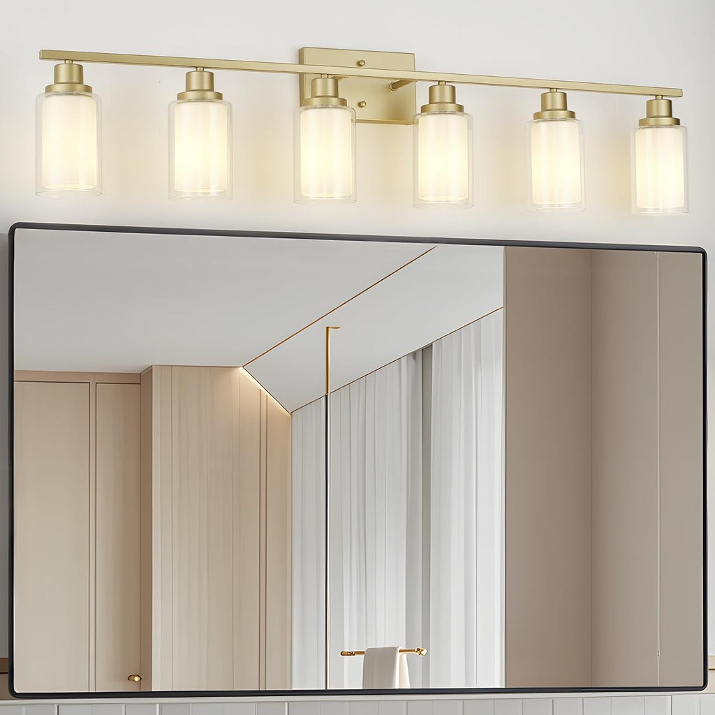Jonsi Bathroom Vanity Light 6-Light Gold Vanity Lights 44.5' Bathroom Light Fixtures Over Mirror with Double Clear Glass Modern Wall Sconces for Living Room Hallway Bedroom