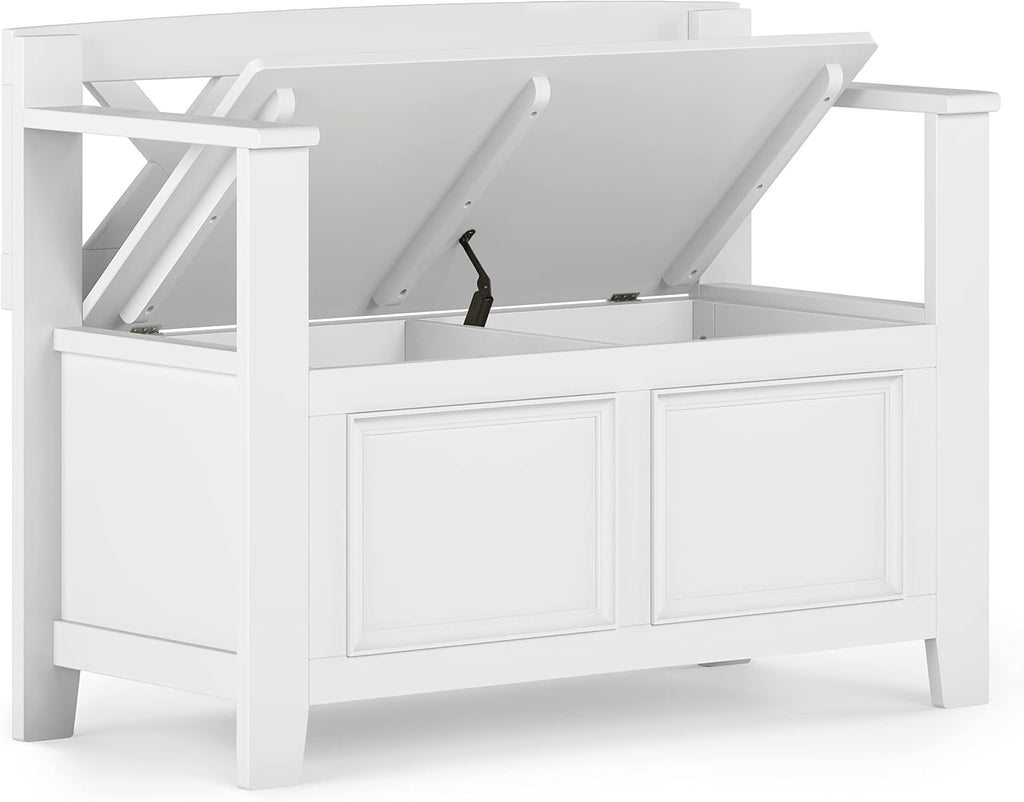SIMPLIHOME Amherst Entryway Storage Bench - 36 inch Wide Solid Wood Hallway Bench in White, Transitional Bench for Entry or Mudroom with Lift-Up Lid, Storage Compartments and X-Back Detail