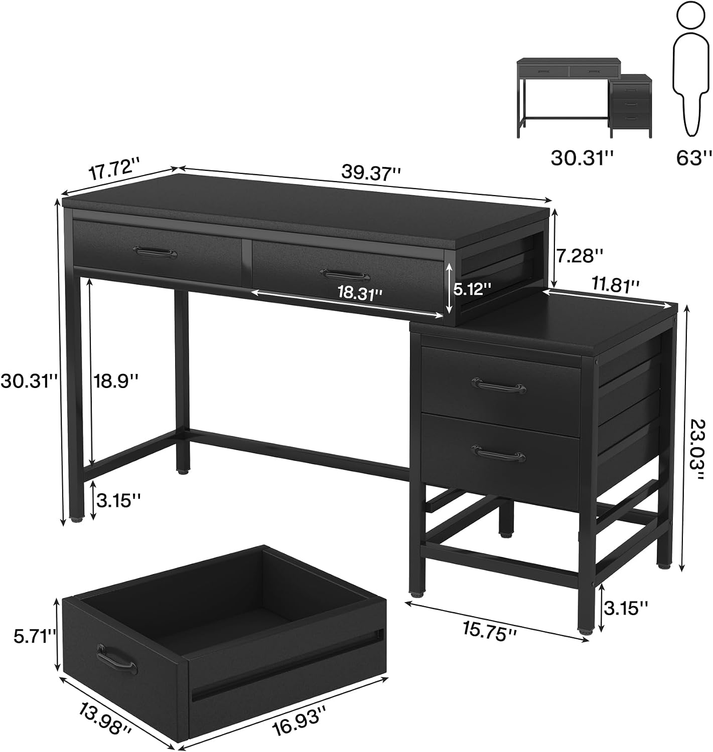 Tribesigns Computer Desk with 5 Drawers, Home Office Desks with Reversible Drawer Cabinet Printer Stand, Industrial PC Desk with Storage, Rustic Study Writing Table Workstation for Small Spaces, Black