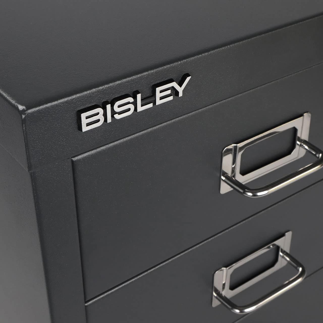 Bisley 3-Drawer Steel MultiDrawer Cabinet - Anthracite Grey | Chrome Pull Handles with Label Holders, Powder-Coated Steel, Removable Drawers, Desktop Storage, Labels Included