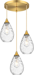 Brushed Gold 3-Light Pendant Lighting, Modern Dining Room Light Fixture Over Table with Hammered Glass, Cluster Hanging Lights for Kitchen Island Dining Room