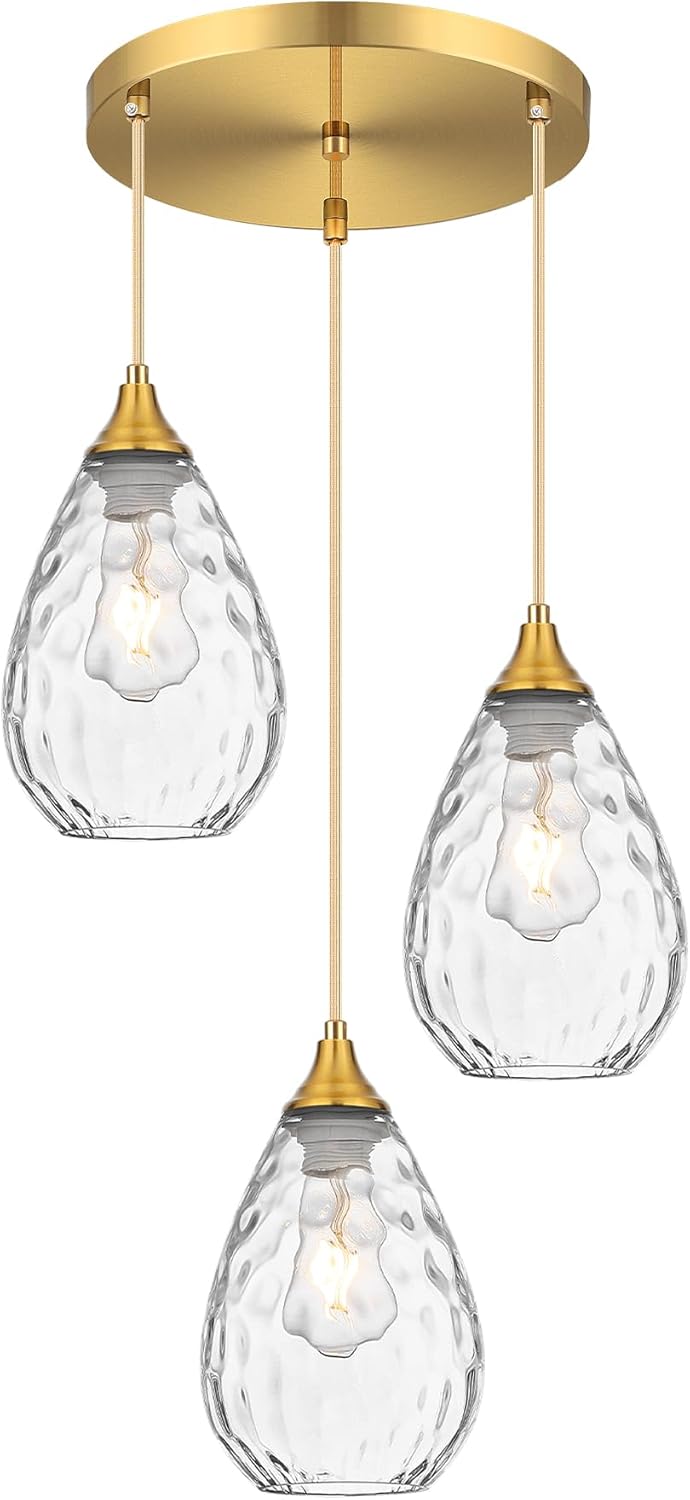 Brushed Gold 3-Light Pendant Lighting, Modern Dining Room Light Fixture Over Table with Hammered Glass, Cluster Hanging Lights for Kitchen Island Dining Room