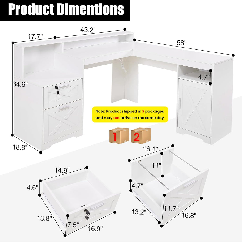 60' L Shaped Executive Desk with Printer Space,Corner Computer Desk with Power Outlets,Lockable Drawers & Adjustable File Cabnet,L Shaped Office Desk with Monitor Stand (White)