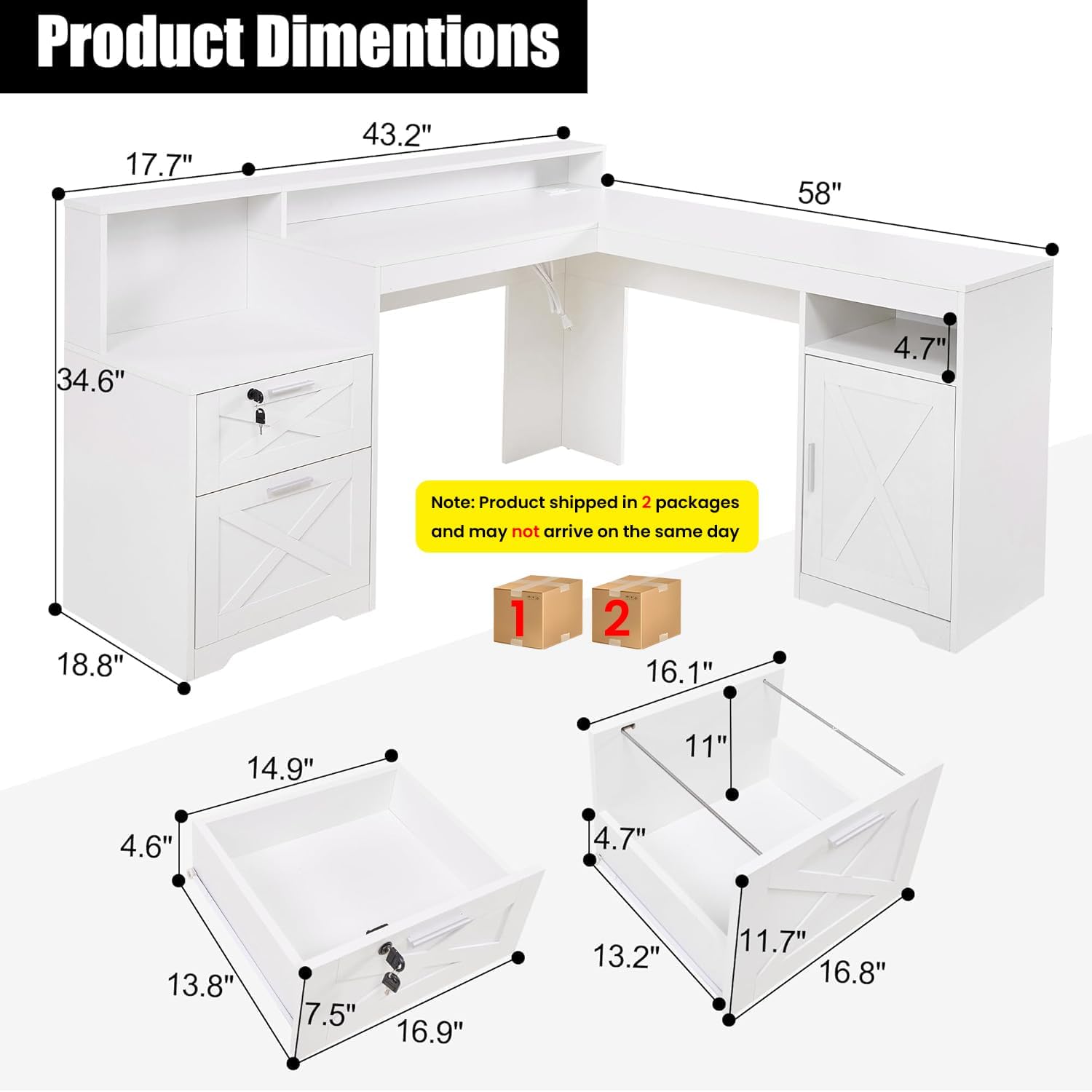 60' L Shaped Executive Desk with Printer Space,Corner Computer Desk with Power Outlets,Lockable Drawers & Adjustable File Cabnet,L Shaped Office Desk with Monitor Stand (White)