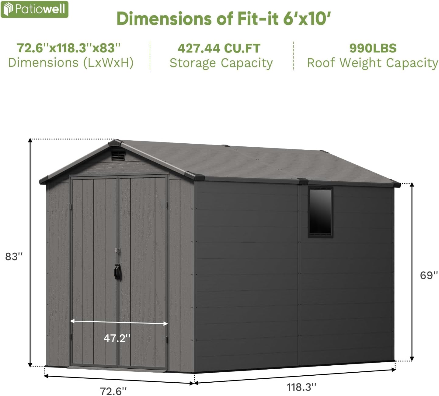 Patiowell 6x10FT Outdoor Storage Shed with Floor,Resin Garden Shed with Lockable Door and Window, Backyard Storage (Dark Grey)