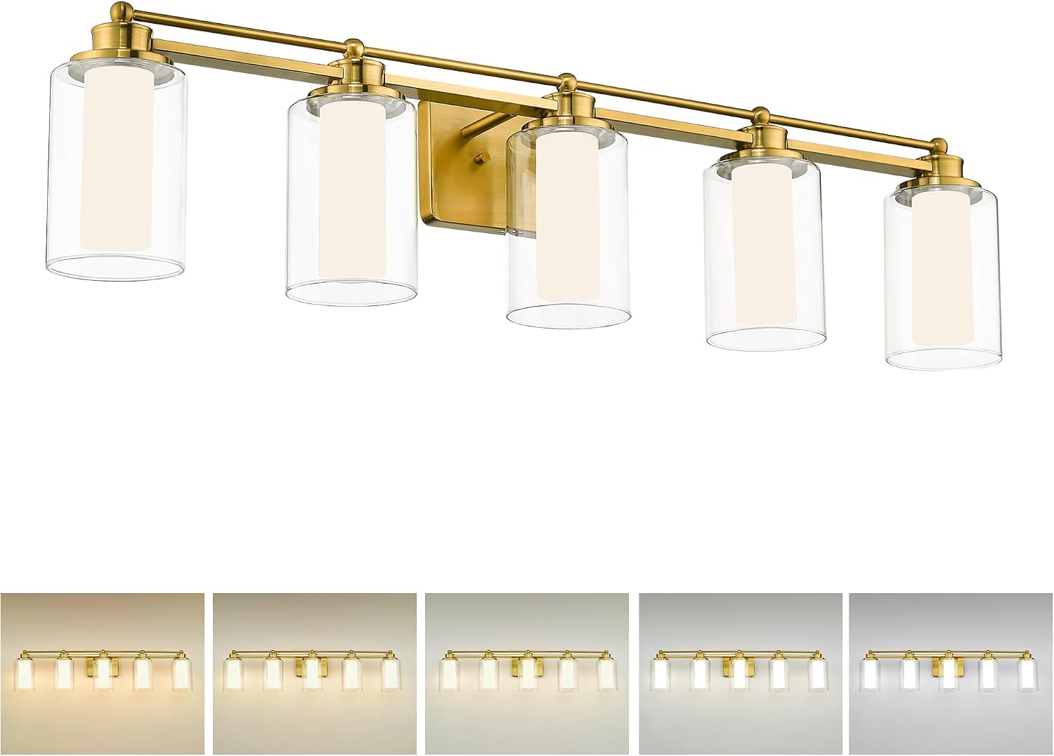 5 Light Vanity Light, HWH Brushed Gold Bathroom Light Fixtures Modern Vanity Lights Over Mirror with Clear Glass, 30W 5CCT Dimmable LED Vanity Lights for Bathroom, 5HLT63B-5W-LED BG