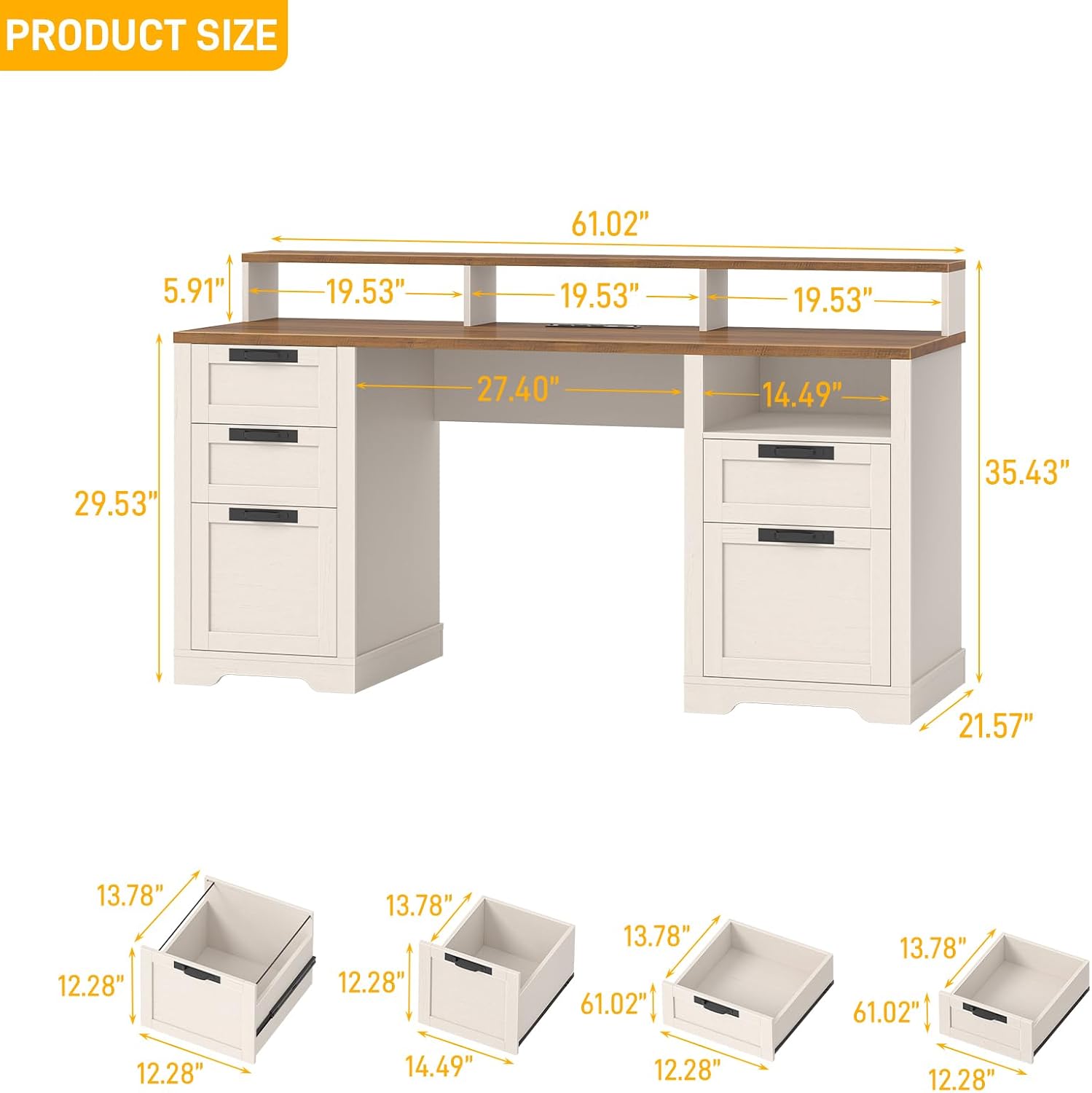 Vabches 61' Farmhouse Executive Desk with LED Lights and Power Outlets,Computer Desk with Monitor Stand & File Drawers,Large Workspace with Storage Drawers for Home Office,Study,White