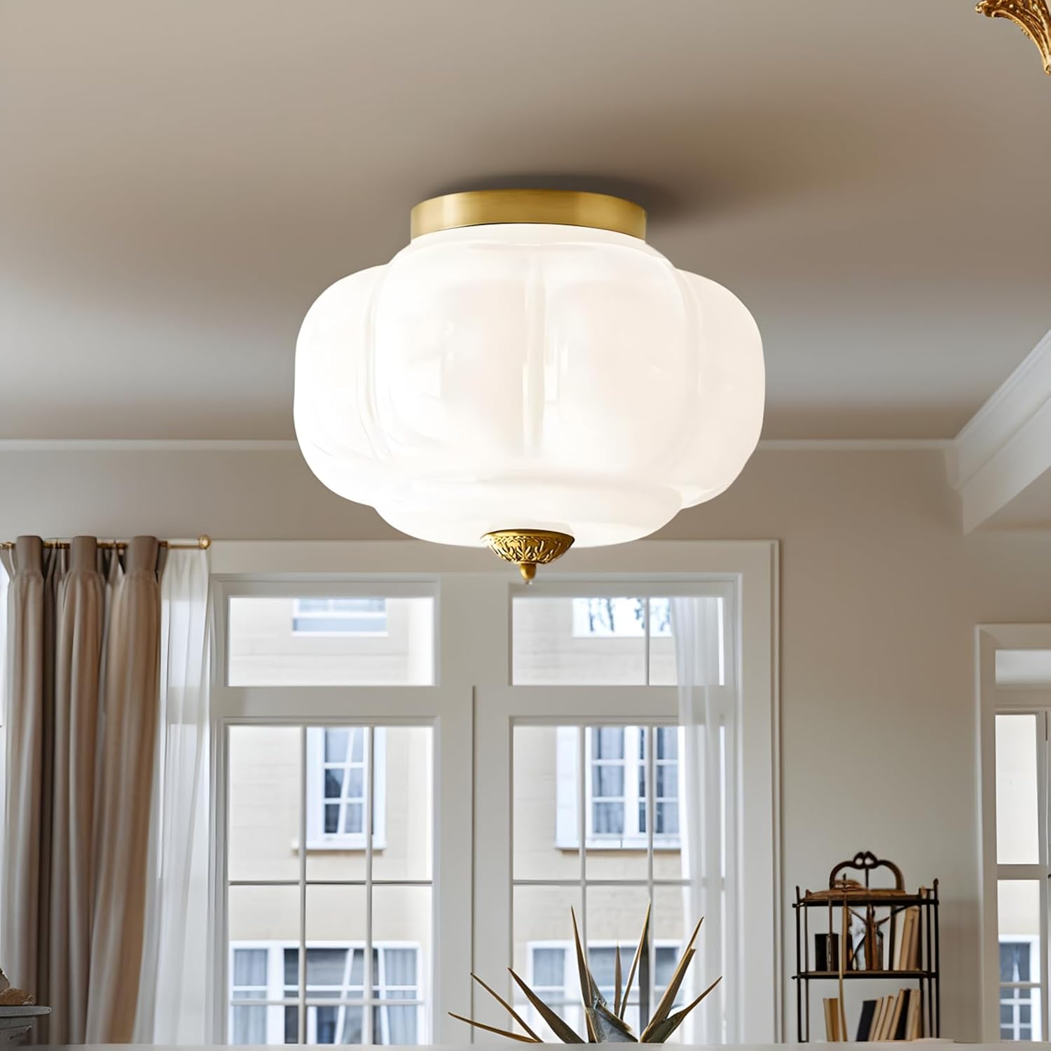 Bofea-Modern Semi Flush Mount Ceiling Light,Brass Gold Ceiling Light with Milk Glass Shade,Farmhouse Kitchen Lighting Fixtures Ceiling, LED Lights for Bedroom Schoolhouse Laundry Room