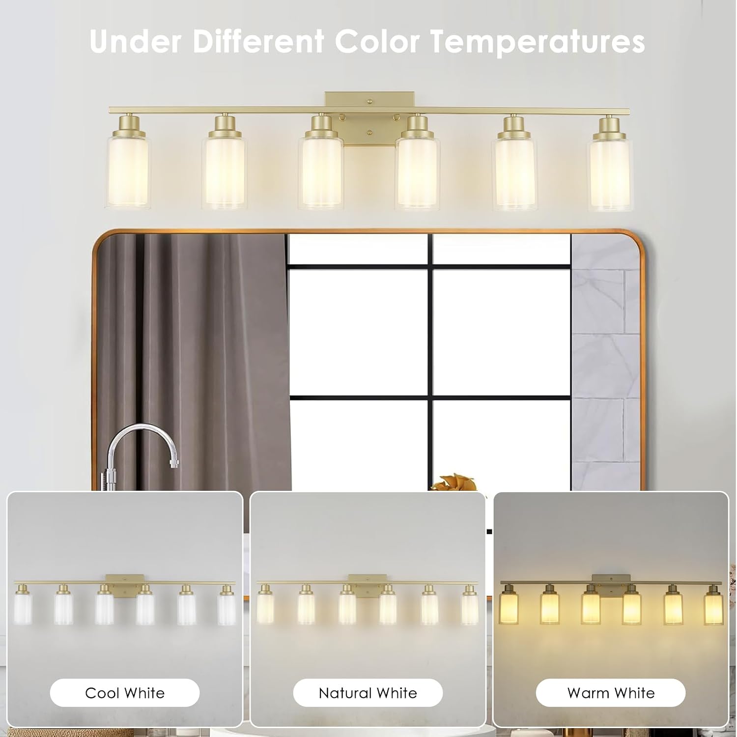 Jonsi Bathroom Vanity Light 6-Light Gold Vanity Lights 44.5' Bathroom Light Fixtures Over Mirror with Double Clear Glass Modern Wall Sconces for Living Room Hallway Bedroom