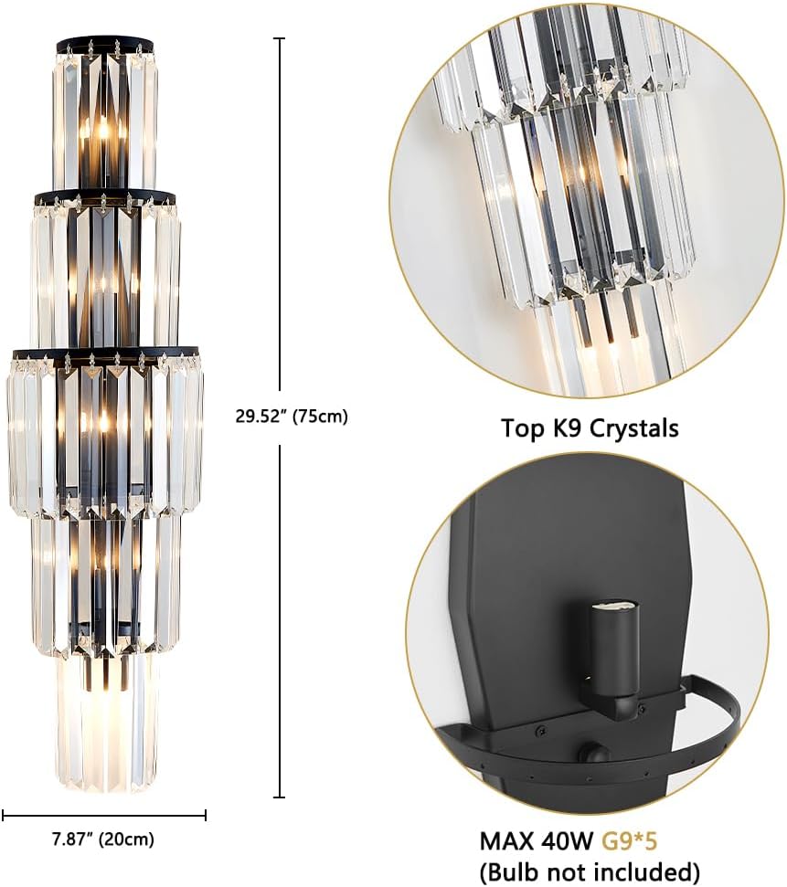 29.5 inch Modern Wall Sconce Crystal Vanity Wall Sconce Lighting 5-Light Black Wall Light Fixtures for Bedroom Living Room Bathroom Hallway
