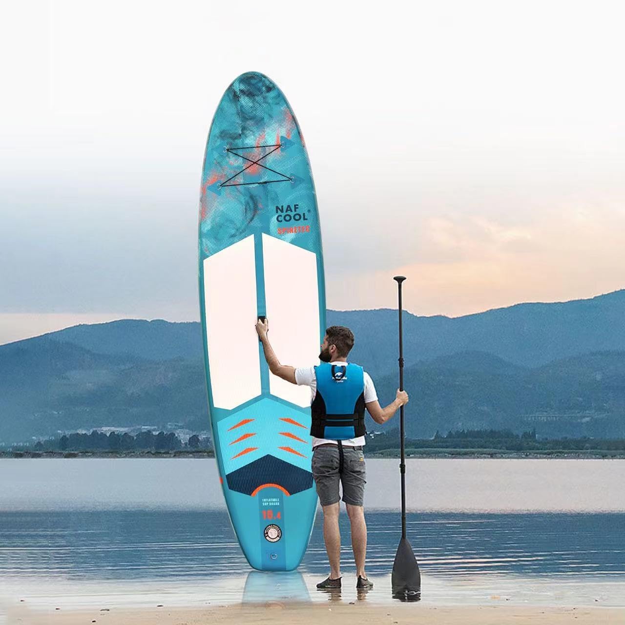 Inflatable Stand Up Paddle Board,10'4'×32'×6' Surfing Standing Paddle Board with SUP Accessories & Backpack, Non-Slip Deck,Removable Fins,Leash,Paddle,Hand Pump for Youth & Adult(Lake Blue)